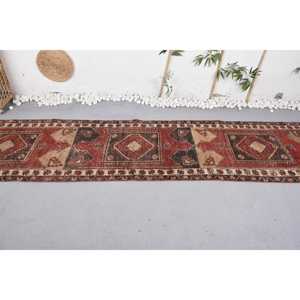 Alfombra de lana Vintage de 2,7x11,6 pies en rojo y marrón Diseño de retazos de área grande para entrada Pasillo o dormitorio Respaldo de látex - Product Image 3