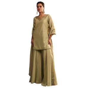 Vente en gros de vêtements ethniques pour femmes OEM fournisseur d'usine de vêtements Ensemble de palazzo Chanderi Kurta vert clair avec organza Dupatta - Product Image 3