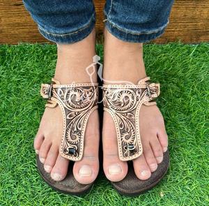 Real Handmade Genuine <b>Women</b> Western Stylish Tooled <b>Leather</b> Casual Outdoor Flipflop Flat Flower Footwear Open Brown Toe Sandals - Product Image 1