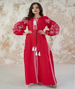 Премиальное качество, 100% хлопковое дизайнерское женское украинское платье с вышивкой и длинными рукавами до щиколотки, длинное украинское платье-макси с поясом