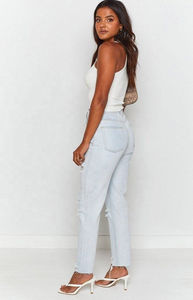 Nuevos pantalones vaqueros de mezclilla para mujer, talla grande, estilo casual, OEM, personalizados, transpirables, holgados, con estampado, botones, lavado efecto desgastado, pierna ancha, elásticos - Product Image 1