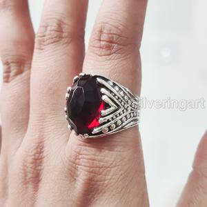 Anillo de Plata de Ley 925 con Granate Rojo Natural, Piedra de Nacimiento de Enero, Todas las Tallas, Joyería Fina Árabe, Recién Llegado - Product Image 1