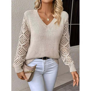 Suéter de Punto para Mujer, Manga Larga, Cuello en V, con Recortes en las Mangas y Detalle de Patrón de Diamantes, 37464 - Beige - Product Image 3