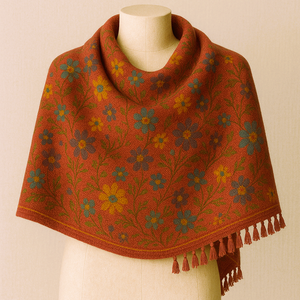 Étole rectangulaire longue beige en laine et rayonne de qualité supérieure, broderie à pois, pour femme, hiver, réversible, durable, respirante - Product Image 1