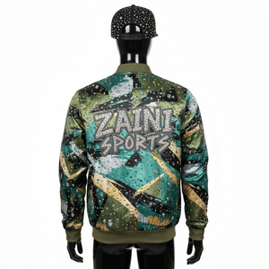 Veste en satin premium avec une brillance douce, couleurs abstraites vert, noir et or, et logo personnalisé en strass, veste en satin pour homme - Product Image 2