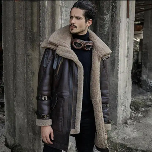 Manteau long en fourrure aviateur en peau de mouton pour hommes Veste de vol d'hiver avec fermeture à glissière en cuir fin de style High Street Service OEM - Product Image 3