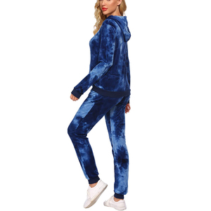Ensemble sweat à capuche et jogging en velours tie-dye bleu pour femme, manches longues, taille élastique, survêtement décontracté, coupe régulière, vêtements d'hiver - Product Image 2