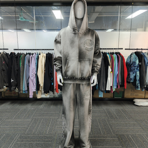 OEM Custom Men's Acid Wash Streetwear Tracksuit Heavyweight Zip-Up Hoodie Sweatpants Set Distressed <b>Applique</b> <b>Patch</b> Printed - Product Image 2