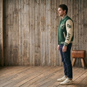 Custom Green and Cream <b>Letterman</b> <b>Jacket</b> Men Wool Body Leather Sleeve College Style Embroidered Patch <b>Jacket</b> - Product Image 3