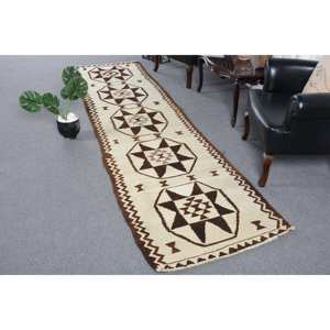 Tradicional Beige Marrón 2,9x11,5 pies Alfombra turca hecha a mano Diseño de retazos Alfombra de noche Lana de látex Viscosa Rectángulo Pasillo - Product Image 1