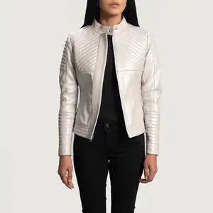 Real Leather Sheepskin Aniline Zipper Ice Maiden Silver Quilted Women Biker Jacket with QuiltedViscose Liningand Inside Outside