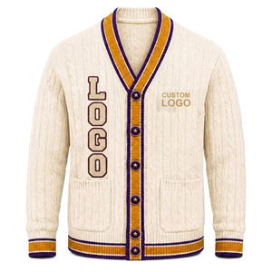 Suéter Cárdigan Acrílico con Cuello en V, Rayas y Logotipo Personalizado Bordado, Manga Larga, Doble Botonadura, para Escuelas/Universidades - Product Image 1