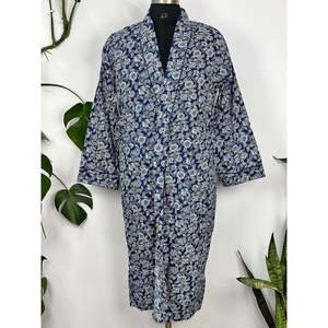 Hand-Drawn <b>Botanical</b> Bloom Kimono for Men Hand-<b>Printed</b> Cotton Indigo Color - Product Image 3