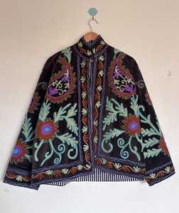 Handcrafted Embroidered Cotton <b>Jacket</b>: Multicolor Floral Paisley Suzani <b>Kantha</b> Embroidery Handmade Coat Floral Velvet <b>Jacket</b> - Product Image 1