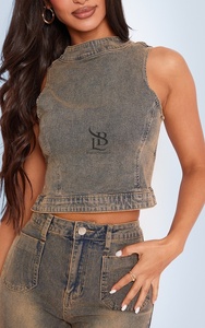 เสื้อผ้ายีนส์ระบายอากาศได้ดีสีฟ้ายั่งยืนสำหรับผู้หญิงผ้าถักสีเทาเล็กๆสกปรกแบบลำลองบริการ OEM ของผู้หญิง - Product Image 3