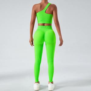 Ensemble 2 pièces Soutien-gorge de yoga à sangle unique pour la course à pied Sports Gym Stretch Sous-vêtements pour femmes Épaule diagonale Fitness Tank Top - Product Image 3