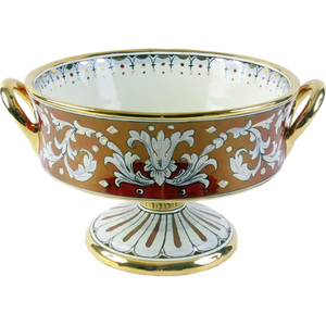 Centro de mesa de cerámica hecho a mano, 25cm, hecho a mano con oro puro y brillo metálico rojo, con pies y asas - Product Image 1