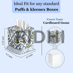 Ridhi Classic Eco-Friendly Durable Blue Ruffle 100% <b>Cotton</b> <b>Tissue</b> Box Cover Handmade Block Printed Home Hotel Restaurant Bedroom - Product Image 4