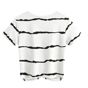 INDEX APPAREL Women's White Striped Crop <b>Top</b> Crew Neck Short Sleeve Knitted Casual T-Shirt Spring Summer Wear - Product Image 2