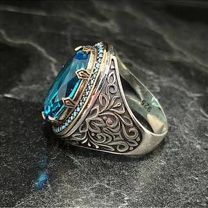 Anillo Floral Vintage Hecho a Mano para Hombre con Aguamarina Ovalada y Circonita Azul, Anillos de Plata de Ley 925 con Piedras Preciosas - Product Image 4