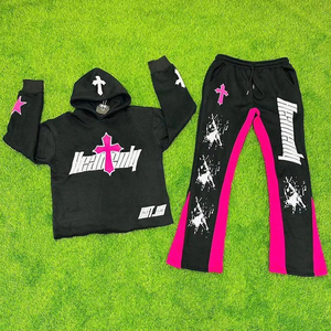 Conjunto de chándal unisex negro y naranja, Sudadera con capucha y pantalones de Jogger estampados personalizados, diseño cruzado, traje de calle de dos piezas - Product Image 4