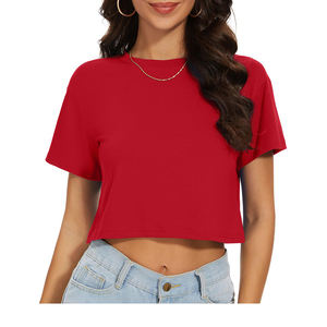 Color rojo Casual Wear fitness cuello redondo recortado camiseta logotipo personalizado deporte ajustado en blanco y estampado Crop Top camiseta Mujer - Product Image 6