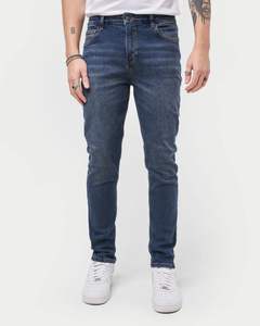 <b>Mens</b> Slim Fit <b>Jeans</b> Dark Blue Denim Stretch Mid <b>Waist</b> Clean Look Tapered Leg Smart Casual Versatile <b>Mens</b> Fashion <b>Jean</b> - Product Image 1