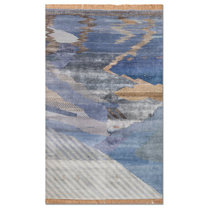 Tapis Manchaha bleu noué à la main en laine et soie de bambou, épaisseur 10 mm, motif rectangulaire pour couloir, pour sol domestique, modèle n° Les-2947 - Product Image 1