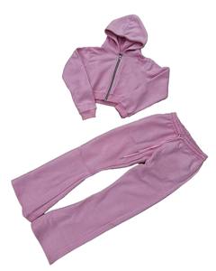 2025 Wholesale Logo Embroidery <b>Cropped</b> <b>Zip</b> <b>up</b> Hoodie and Jogger Sweatpants Set Sweat Suit Flare Sweatsuit Tracksuit for Women - Product Image 3
