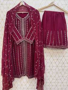 Tenue de soirée marron pakistanaise Salwar Kameez avec Dupatta pour femme, costume Sharara, top-palazzo, costume ethnique indien - Product Image 6