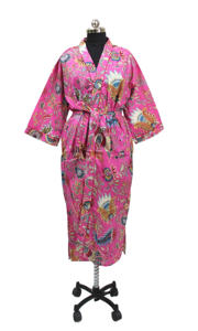 เสื้อคลุมกิโมโนผ้าฝ้ายอินเดียน้ำหนักเบาพิมพ์ลายสีชมพูสำหรับผู้หญิงชุดนอนลำลองฤดูร้อนอาบน้ำอาบน้ำชุดคลุมชายหาดฤดูใบไม้ร่วง - Product Image 5