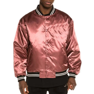 Breathable Custom Logo Design Zipper <b>Baseball</b> Silk Satin Bomber <b>Jackets</b> Ribbed Cuffs Striped Hem Design <b>Jacket</b> <b>For</b> <b>Men</b> - Product Image 5