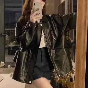 <b>Women's</b> Vintage <b>Black</b> PU Leather Jacket High Grade <b>Winter</b> <b>Coat</b> with Canvas Autumn Fashion Warm Loose Fit - Product Image 5