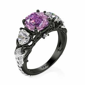 Bague de mariage Jeulia Midsummer Night Leaf à trois pierres, coupe rose violette, plaquée rhodium, style tendance - Product Image 5