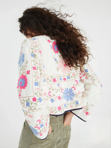 Women's Boho Floral Embroidered Short <b>Jacket</b> <b>Sequins</b> Ribbon Decorations Breathable Dyed Cotton Handmade India Autumn - Product Image 4