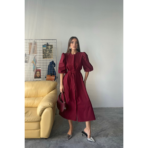 Vestido Casual Color Borgoña con Mangas Tipo Sandía en Tencel - Product Image 3