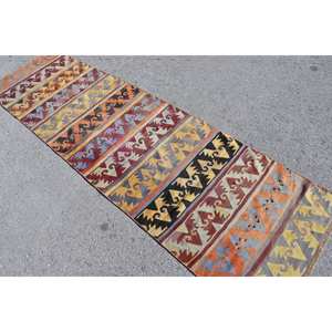 Alfombra Beige Kilim turca Vintage 2,7X8,7 pies Alfombra de lana de tejido plano Patchwork pasillo a rayas para sala de estar pasillo látex - Product Image 4