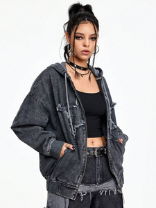 Custom High Quality Acid Washed Oversized Distressed Sweatshirt 500gsm Hoodie Hooded Zip up <b>Denim</b> Pullover <b>Jacket</b> - Product Image 3