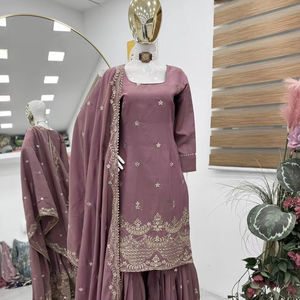 Último diseñador pesado bordado hilo trabajo Faux Georgette Dupatta indio pakistaní Palazzo traje hecho de seda para fiestas - Product Image 1