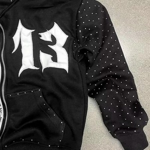 Custom Made 100% Cotton <b>Black</b> <b>Zipper</b> <b>Hoodie</b> with Custom Logo Acid Wash Rhinestones 450 GSM Oversized Fit - Product Image 4