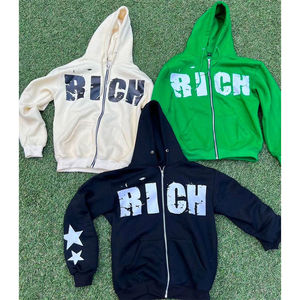 Sudaderas con capucha Hombres Zip Up Hoodie con gran gráfico rico Streetwear Sudadera con capucha Diseño de manga de estrella Impreso personalizado Servicio OEM - Product Image 1