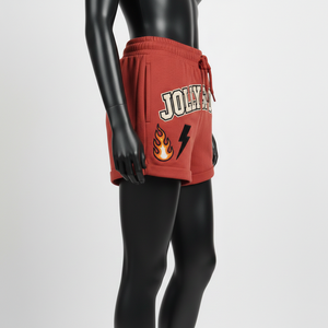 Shorts en molleton de coton de haute qualité pour femmes, couleur rouge, tissu doux brossé, logo brodé en chenille. - Product Image 5