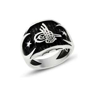 Anello da uomo in argento con design a artiglio e motivo Tughra su sfondo nero - Product Image 3