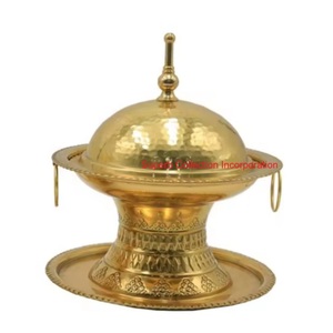 Modern Brass Date <b>Bowl</b> Hammered Finish & Wooden Base Islamic Crescent Moon <b>Lid</b> Luxury Decorative Serving Platter For Ramadan - Product Image 5