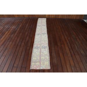 1,3x9,6 ft Runner Vintage Rug, Turkish Rug, <b>Yellow</b> Pink Check <b>Wool</b> Rug - Product Image 1
