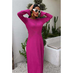 Vestido de punto con cuello redondo y detalles calados 2861, ropa informal transpirable con cintura natural - Product Image 2