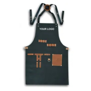 High Quality Brown Adjustable Industrial Tool Barbecue Bistro Coffee Shop Beauty Salon Black Denim Apron For Restaurant Server