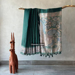 Saree de tela de lino estampado exclusivo tradicional indio con blusa elegante ropa de fiesta de Boda nupcial más vendida para mujeres - Product Image 1