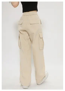 Pantalones Cargo Grises para Mujer, 100% Algodón, Corte Holgado, Cintura Media, Cordón Elástico, Largos, Estilo Casual, Color Sólido - Product Image 2