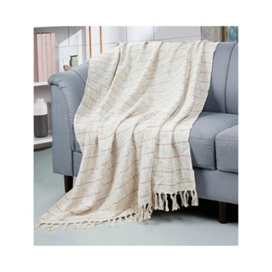 Plaid de canapé en mélange lin-acrylique tissé slub 70x90 pouces avec pompons, option certifiée OEKO-TEX pour les acheteurs soucieux de l'environnement - Product Image 1